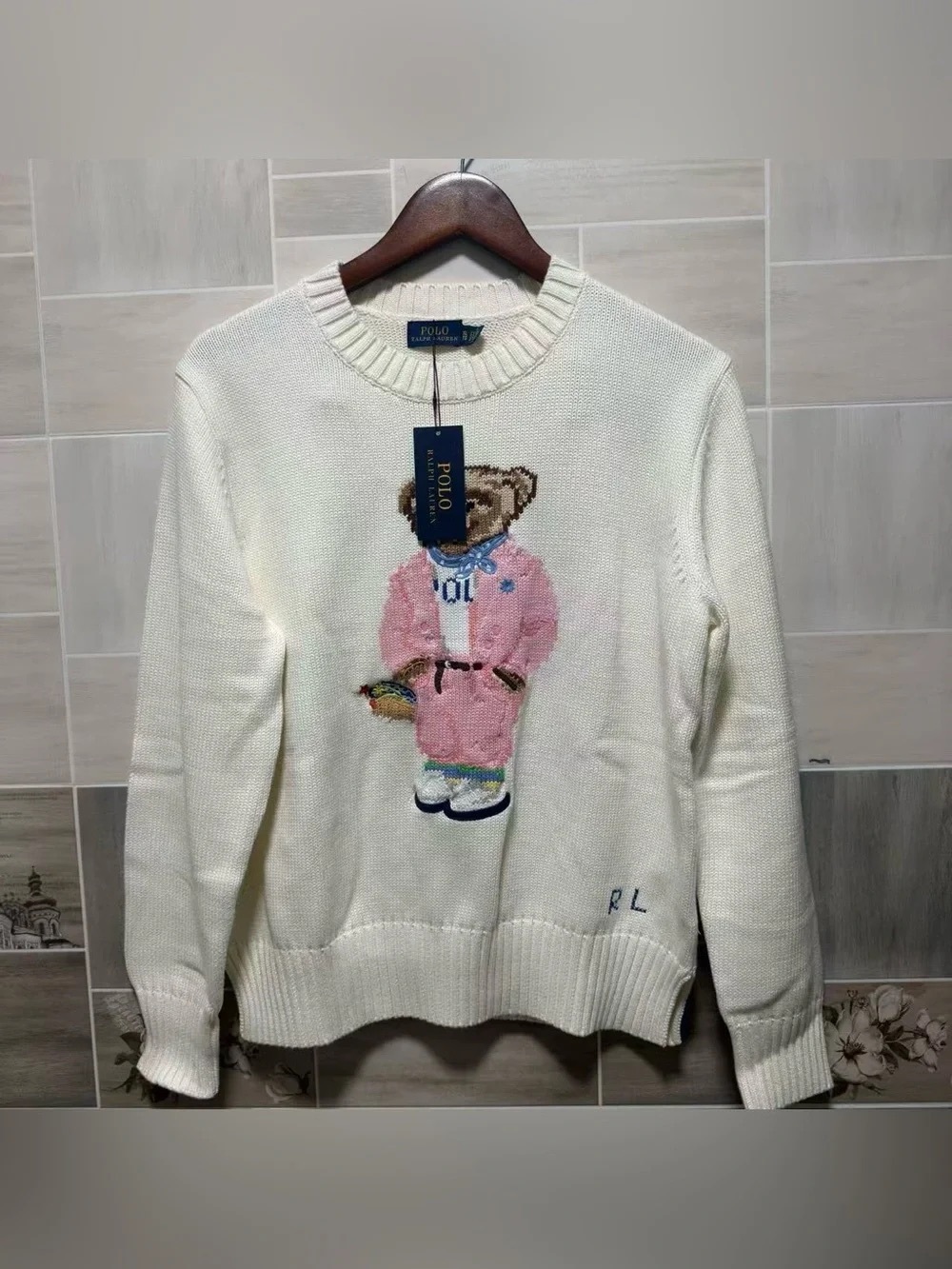 Polo by Ralph Lauren Cream Crewneck Sweater with Pink Bear Motif